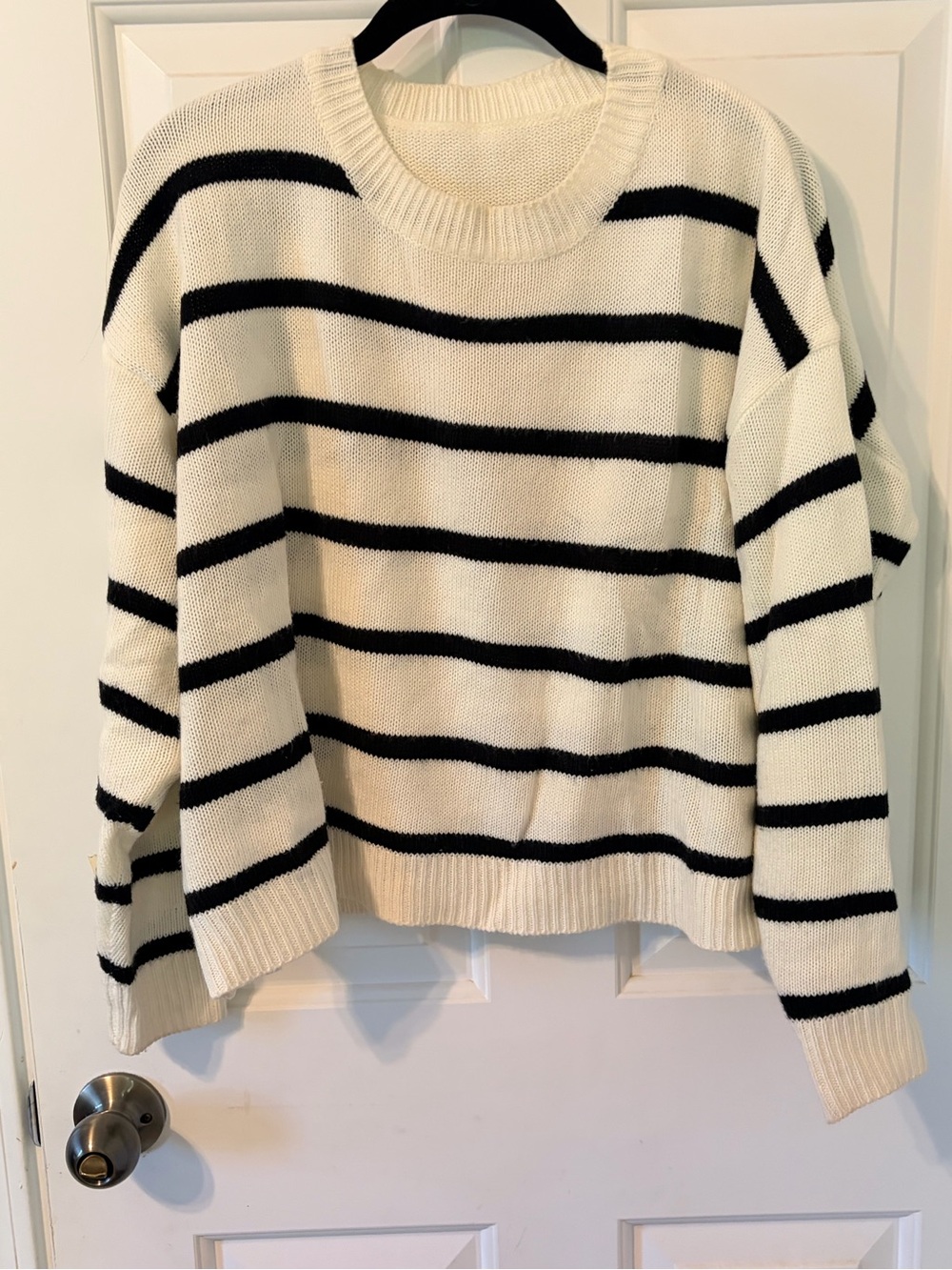 SHEIN White and Black Striped Crewneck Sweater